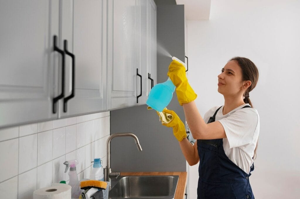 Woman wearing yellow gloves performing move out cleaning on kitchen cabinet with spray bottle.